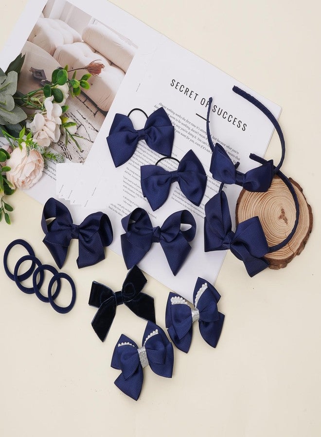 phnydreg Girl Navy Hair Bow Accessories 14 Pieces Uniform Hair Bows Hair Clips Headband for School Toddler Girls - Image 4